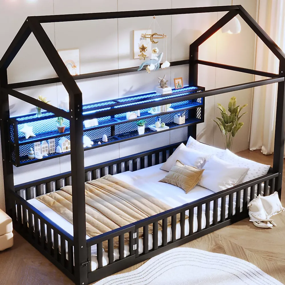 Okwish Lit Enfant 90x200 cm - Lit Cabane avec LED et Barrières, sans Matelas - Cadre Métal Noir*Enfant Lit Enfant