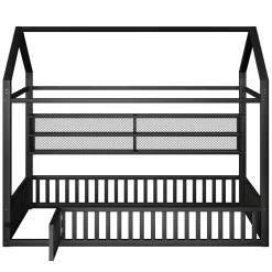 Okwish Lit Enfant 90x200 cm - Lit Cabane avec LED et Barrières, sans Matelas - Cadre Métal Noir*Enfant Lit Enfant