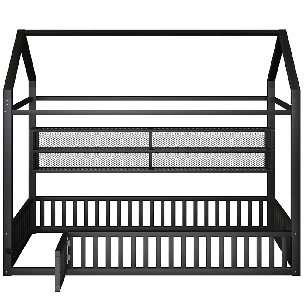 Okwish Lit Enfant 90x200 cm - Lit Cabane avec LED et Barrières, sans Matelas - Cadre Métal Noir*Enfant Lit Enfant