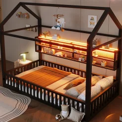 Okwish Lit Enfant 90x200 cm - Lit Cabane avec LED et Barrières, sans Matelas - Cadre Métal Noir*Enfant Lit Enfant