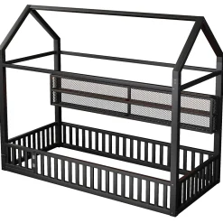 Okwish Lit Enfant 90x200 cm - Lit Cabane avec LED et Barrières, sans Matelas - Cadre Métal Noir*Enfant Lit Enfant