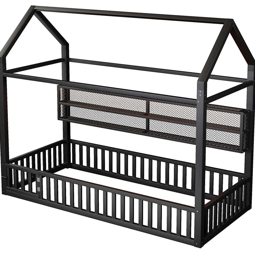 Okwish Lit Enfant 90x200 cm - Lit Cabane avec LED et Barrières, sans Matelas - Cadre Métal Noir*Enfant Lit Enfant