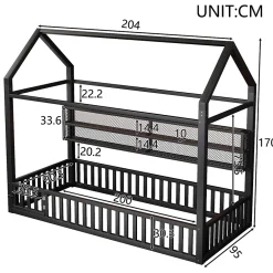 Okwish Lit Enfant 90x200 cm - Lit Cabane avec LED et Barrières, sans Matelas - Cadre Métal Noir*Enfant Lit Enfant