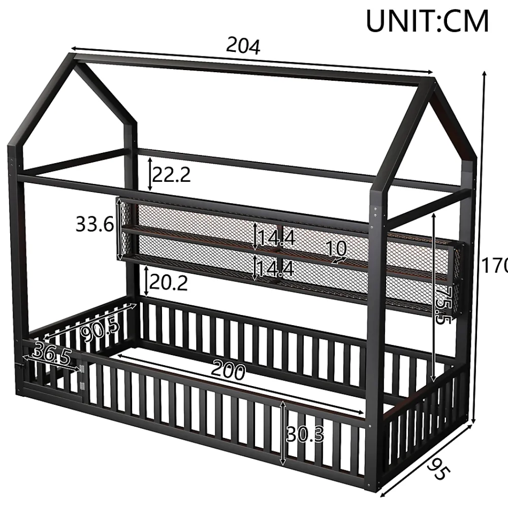 Okwish Lit Enfant 90x200 cm - Lit Cabane avec LED et Barrières, sans Matelas - Cadre Métal Noir*Enfant Lit Enfant