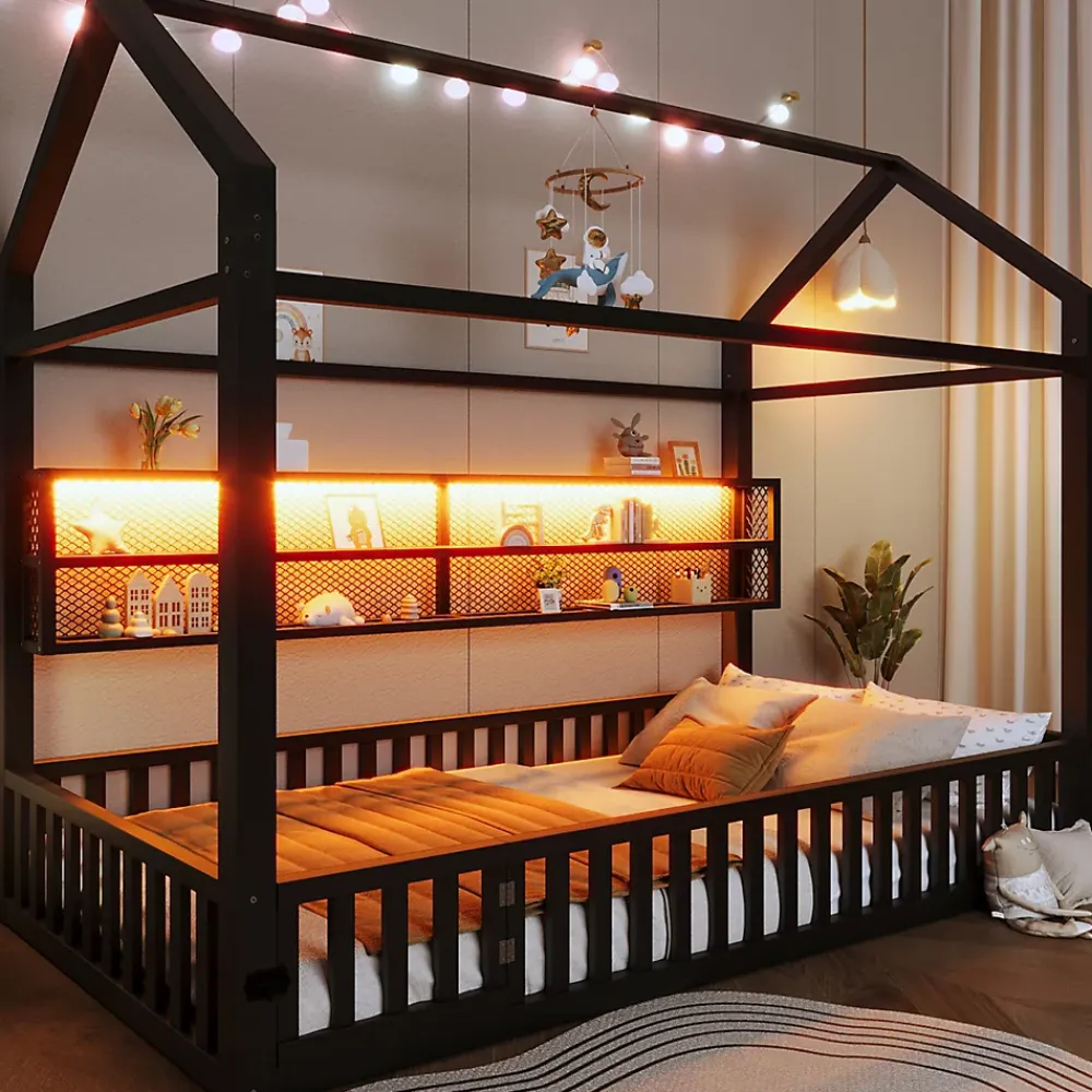 Okwish Lit Enfant 90x200 cm - Lit Cabane avec LED et Barrières, sans Matelas - Cadre Métal Noir*Enfant Lit Enfant