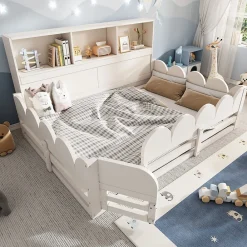 Lit Enfant 140x200 cm - Lit Double avec Barrières de Sécurité, Porte d'Accès et Étagères Intégrées, en Bois - sans Matelas - Blanc>Okwish Sale