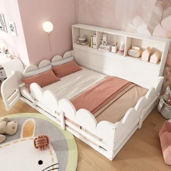 Lit Enfant 140x200 cm - Lit Double avec Barrières de Sécurité, Porte d'Accès et Étagères Intégrées, en Bois - sans Matelas - Blanc><noscript><img width=