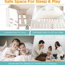 Lit Enfant 140x200 cm - Lit Double avec Barrières de Sécurité, Porte d'Accès et Étagères Intégrées, en Bois - sans Matelas - Blanc><noscript><img width=