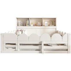 Lit Enfant 140x200 cm - Lit Double avec Barrières de Sécurité, Porte d'Accès et Étagères Intégrées, en Bois - sans Matelas - Blanc><noscript><img width=