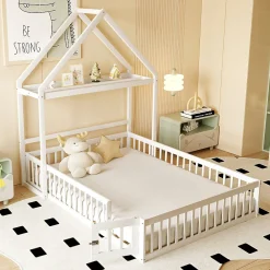 Lit enfant 140x200 cm - Lit Double Cabane avec Grille et Porte, Cadre en Bois Massif, Sans Matelas - Blanc>Okwish Online