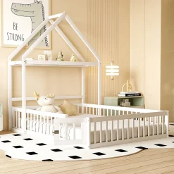 Lit enfant 140x200 cm - Lit Double Cabane avec Grille et Porte, Cadre en Bois Massif, Sans Matelas - Blanc>Okwish Online