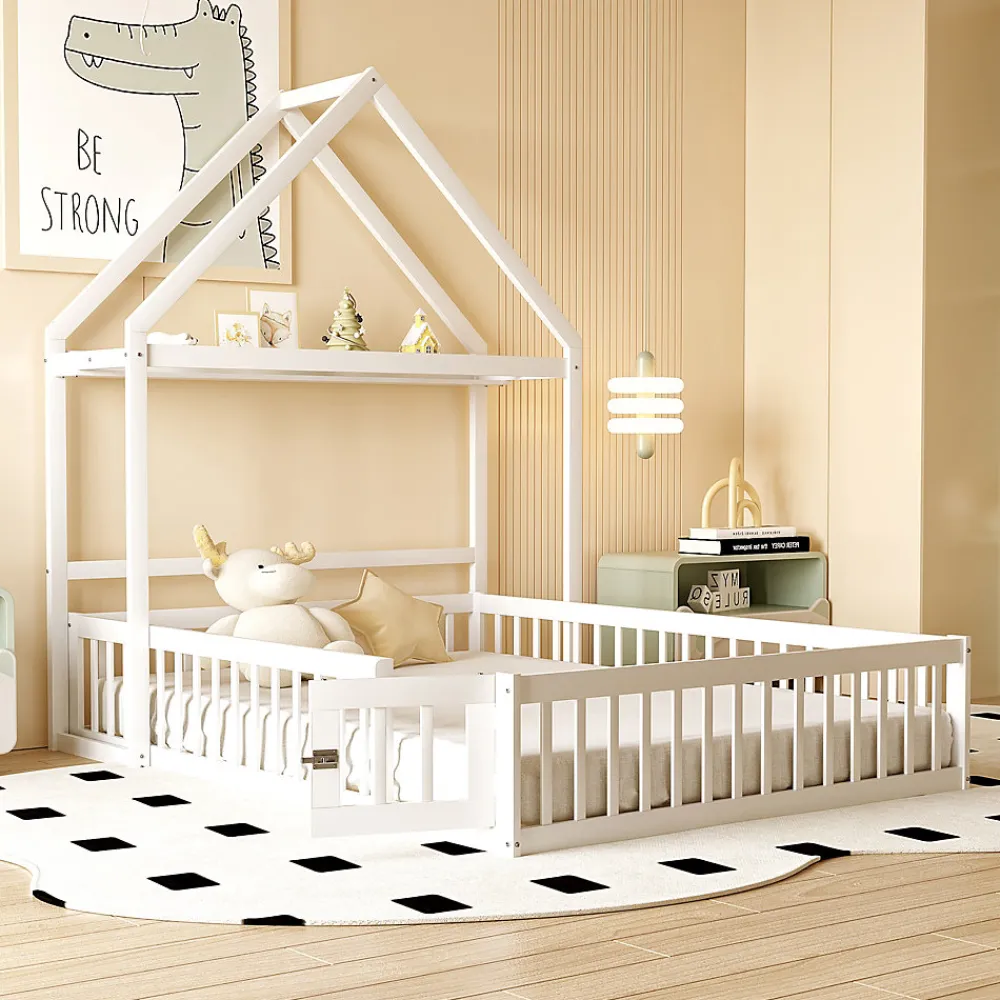 Lit enfant 140x200 cm - Lit Double Cabane avec Grille et Porte, Cadre en Bois Massif, Sans Matelas - Blanc>Okwish Online