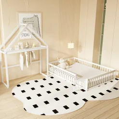 Lit enfant 140x200 cm - Lit Double Cabane avec Grille et Porte, Cadre en Bois Massif, Sans Matelas - Blanc><noscript><img width=