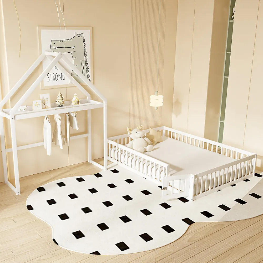 Lit enfant 140x200 cm - Lit Double Cabane avec Grille et Porte, Cadre en Bois Massif, Sans Matelas - Blanc>Okwish Online