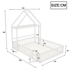 Lit enfant 140x200 cm - Lit Double Cabane avec Grille et Porte, Cadre en Bois Massif, Sans Matelas - Blanc><noscript><img width=