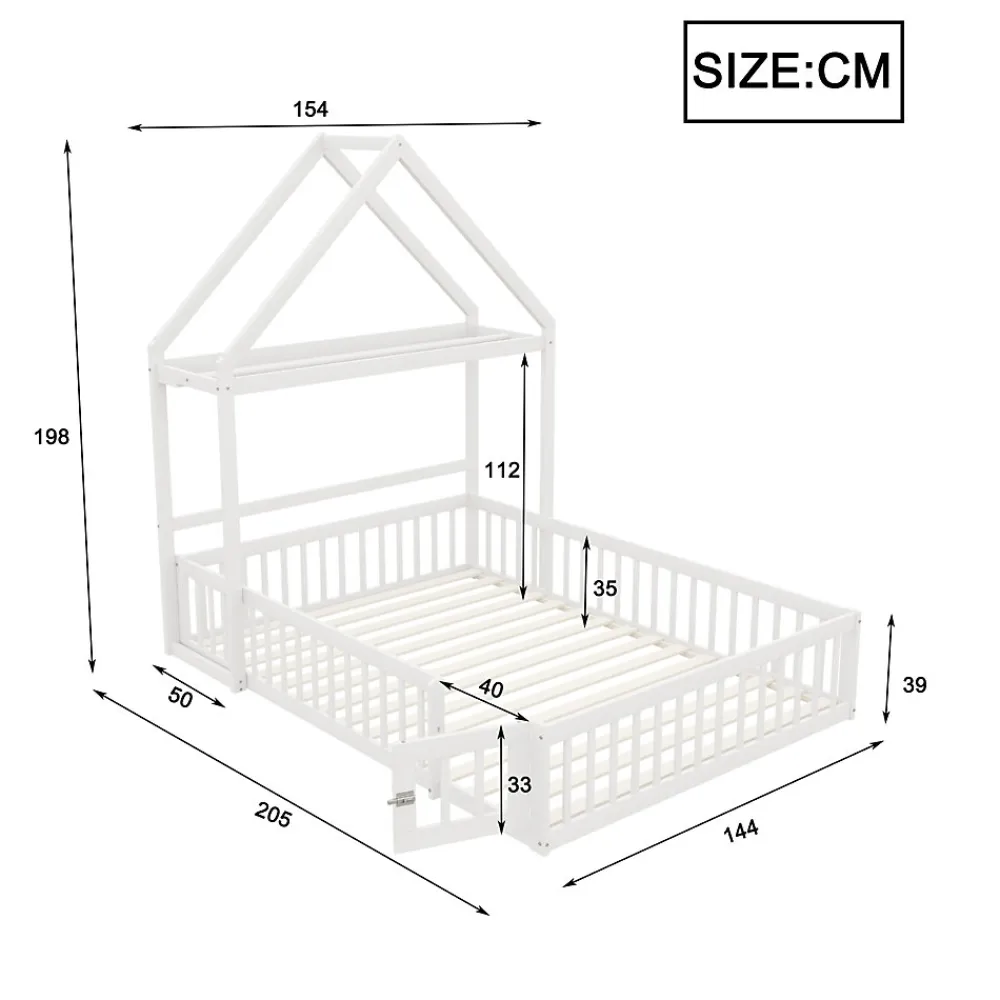 Lit enfant 140x200 cm - Lit Double Cabane avec Grille et Porte, Cadre en Bois Massif, Sans Matelas - Blanc>Okwish Online