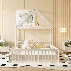 Lit enfant 140x200 cm - Lit Double Cabane avec Grille et Porte, Cadre en Bois Massif, Sans Matelas - Blanc><noscript><img width=