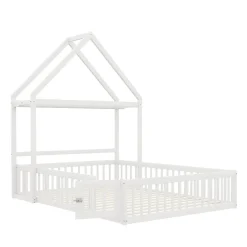 Lit enfant 140x200 cm - Lit Double Cabane avec Grille et Porte, Cadre en Bois Massif, Sans Matelas - Blanc><noscript><img width=