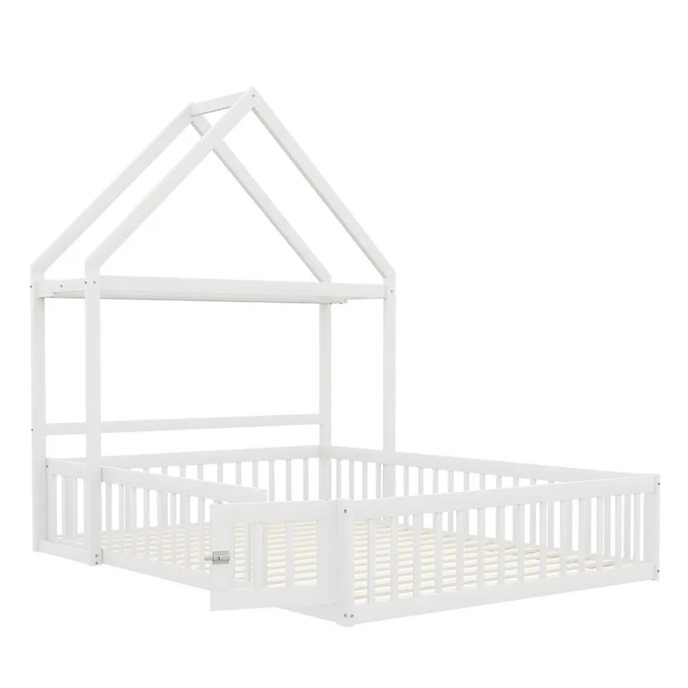 Lit enfant 140x200 cm - Lit Double Cabane avec Grille et Porte, Cadre en Bois Massif, Sans Matelas - Blanc>Okwish Online