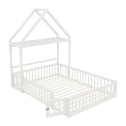 Lit enfant 140x200 cm - Lit Double Cabane avec Grille et Porte, Cadre en Bois Massif, Sans Matelas - Blanc><noscript><img width=