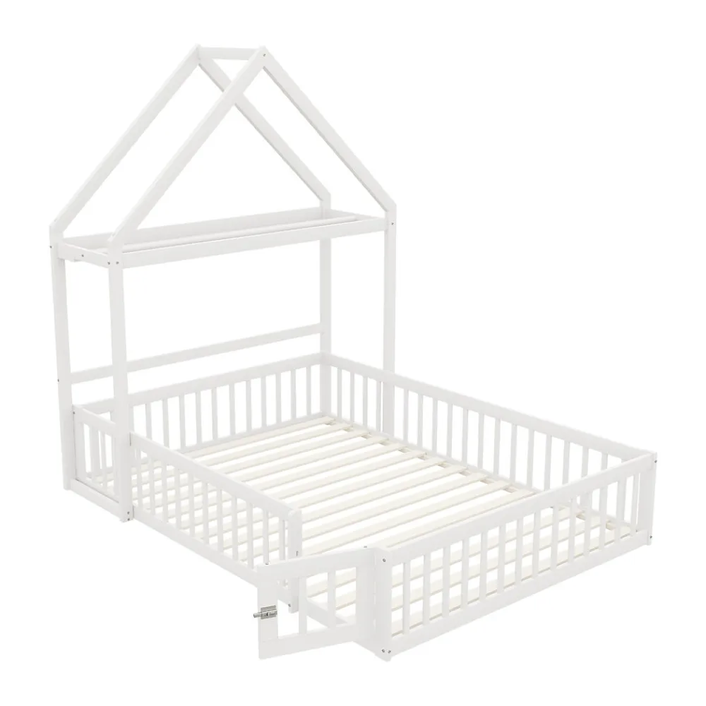Lit enfant 140x200 cm - Lit Double Cabane avec Grille et Porte, Cadre en Bois Massif, Sans Matelas - Blanc>Okwish Online