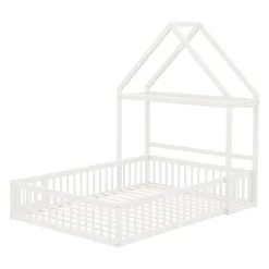 Lit enfant 140x200 cm - Lit Double Cabane avec Grille et Porte, Cadre en Bois Massif, Sans Matelas - Blanc><noscript><img width=