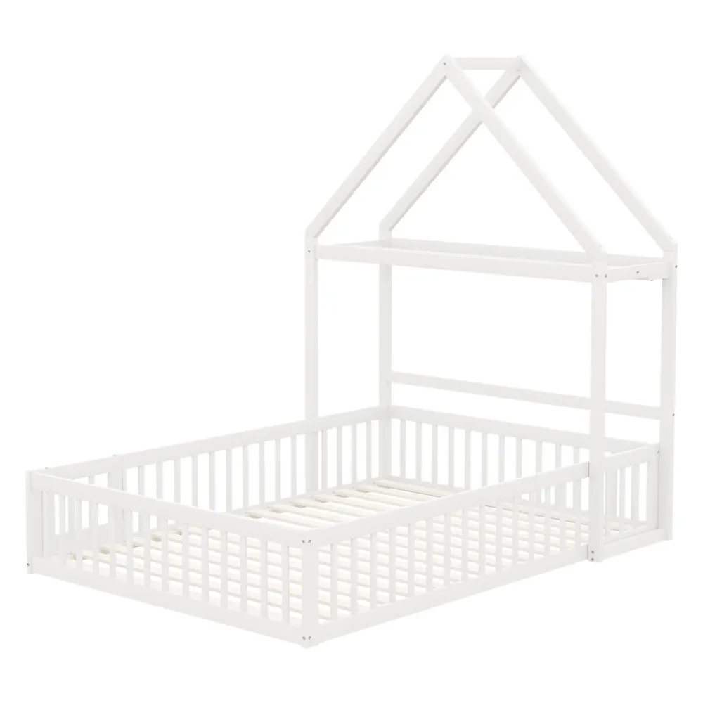 Lit enfant 140x200 cm - Lit Double Cabane avec Grille et Porte, Cadre en Bois Massif, Sans Matelas - Blanc>Okwish Online