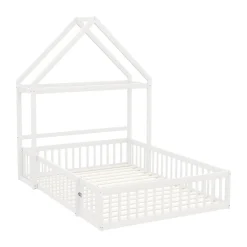 Lit enfant 140x200 cm - Lit Double Cabane avec Grille et Porte, Cadre en Bois Massif, Sans Matelas - Blanc><noscript><img width=