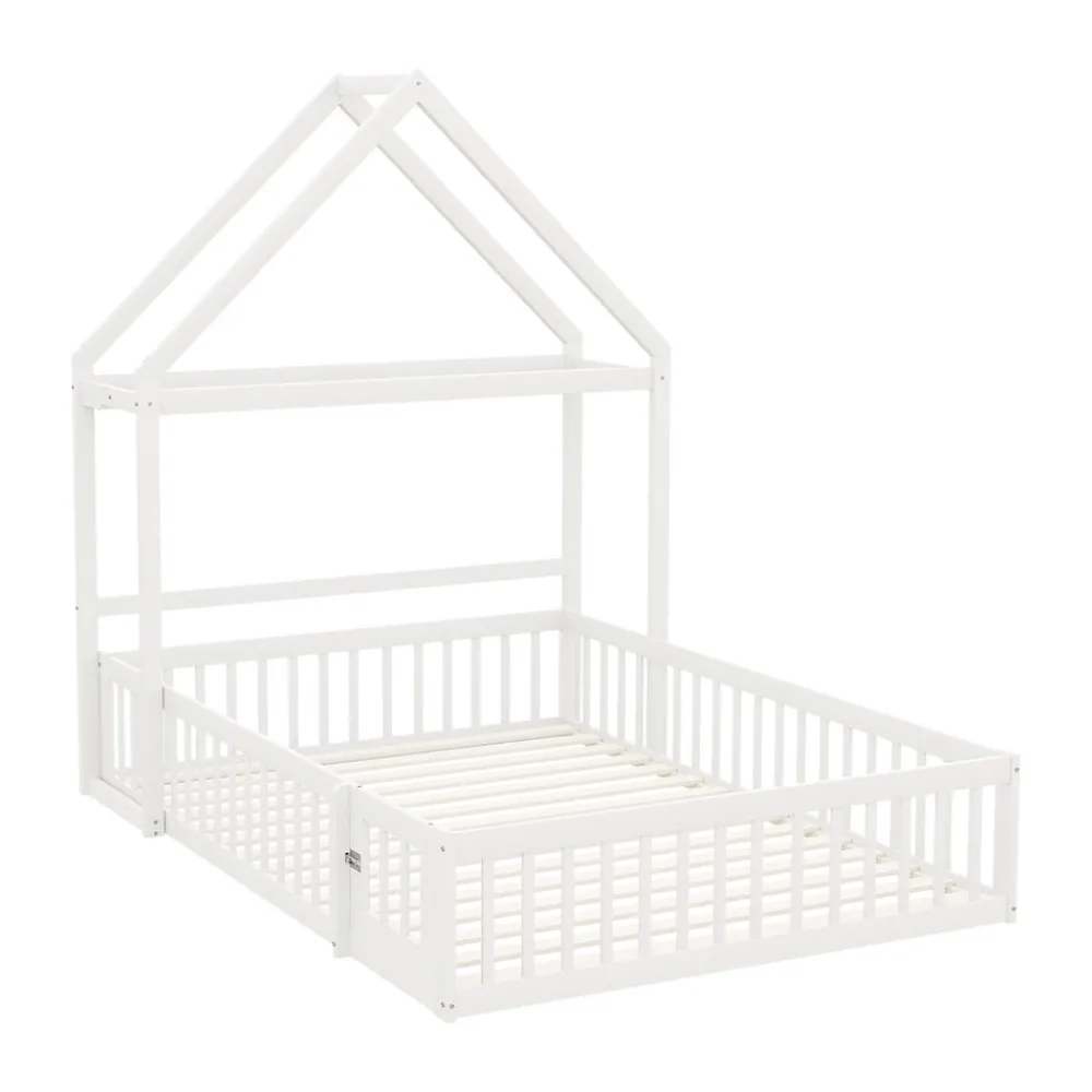Lit enfant 140x200 cm - Lit Double Cabane avec Grille et Porte, Cadre en Bois Massif, Sans Matelas - Blanc>Okwish Online