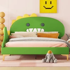 Okwish Lit enfant 140x200 cm - Lit Double Dinosaure avec Tête de Lit Décorative - PU et MDF - Vert - Sans Matelas* Lit Double