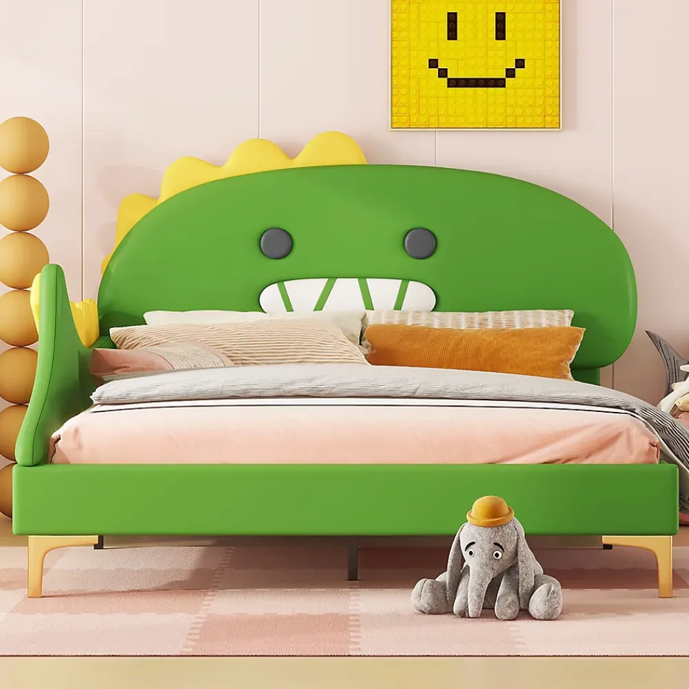 Okwish Lit enfant 140x200 cm - Lit Double Dinosaure avec Tête de Lit Décorative - PU et MDF - Vert - Sans Matelas* Lit Double