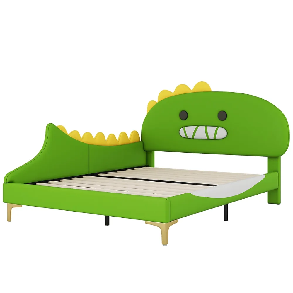 Okwish Lit enfant 140x200 cm - Lit Double Dinosaure avec Tête de Lit Décorative - PU et MDF - Vert - Sans Matelas* Lit Double