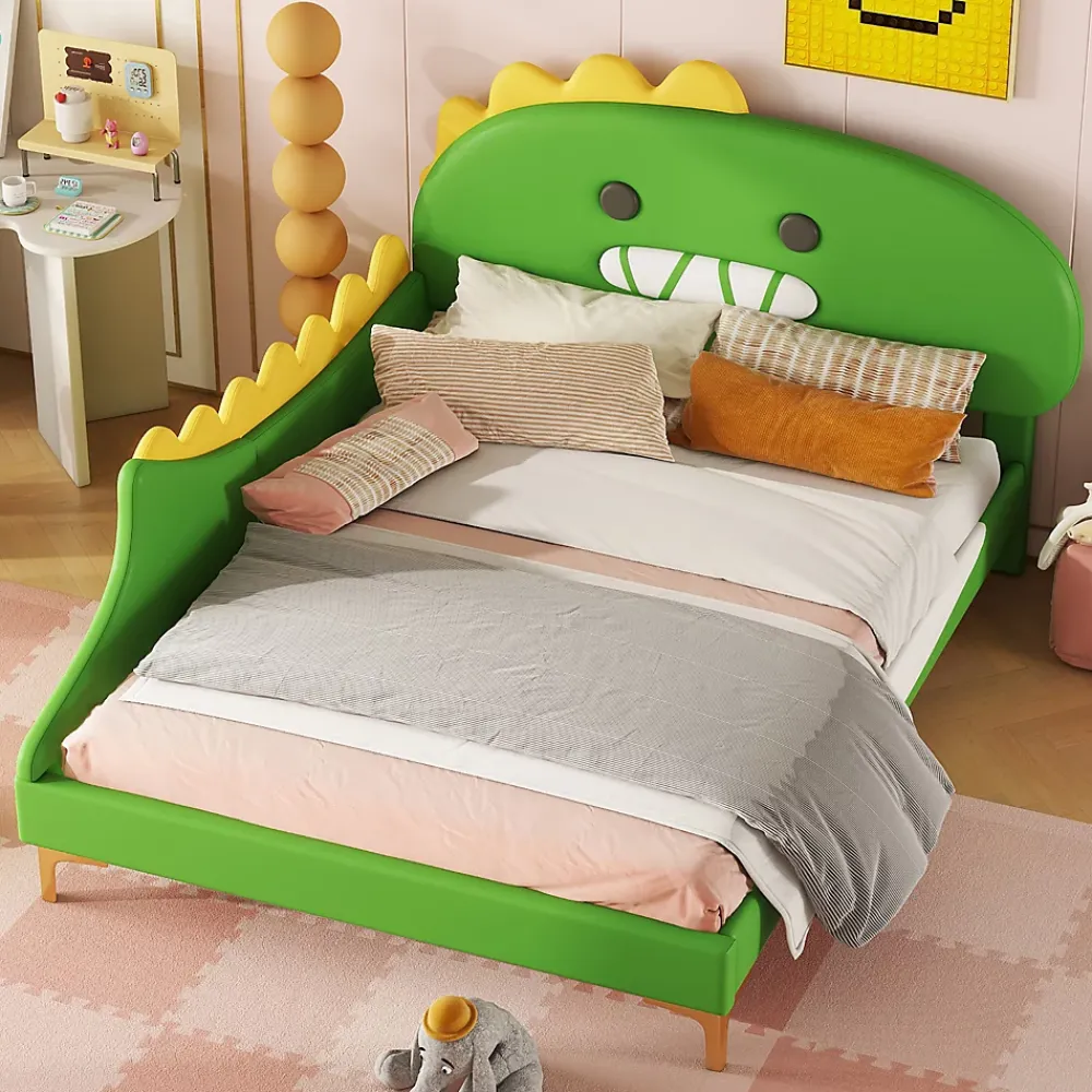 Okwish Lit enfant 140x200 cm - Lit Double Dinosaure avec Tête de Lit Décorative - PU et MDF - Vert - Sans Matelas* Lit Double