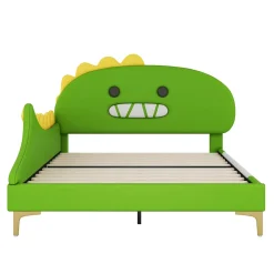Okwish Lit enfant 140x200 cm - Lit Double Dinosaure avec Tête de Lit Décorative - PU et MDF - Vert - Sans Matelas* Lit Double