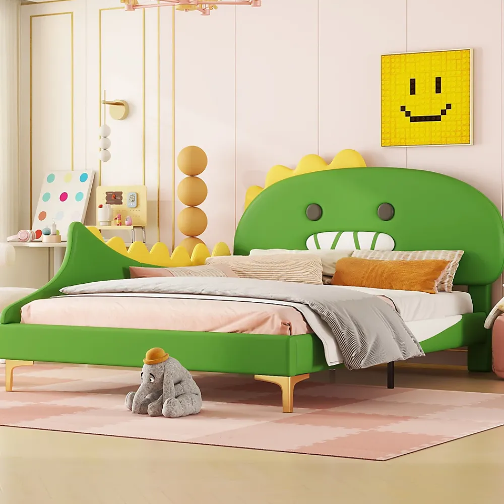 Okwish Lit enfant 140x200 cm - Lit Double Dinosaure avec Tête de Lit Décorative - PU et MDF - Vert - Sans Matelas* Lit Double