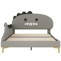 Okwish Lit enfant 140x200 cm - Lit Double Dinosaure avec Tête de Lit Décorative - PU et MDF - Gris - Sans Matelas* Lit Double