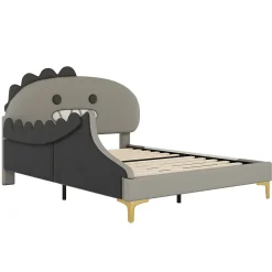 Okwish Lit enfant 140x200 cm - Lit Double Dinosaure avec Tête de Lit Décorative - PU et MDF - Gris - Sans Matelas* Lit Double
