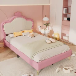 Lit enfant 90x200 cm - Lit Princesse Capitonné avec Tête Couronne, PU Rembourré, Sans Matelas - Rose et Blanc>Okwish Clearance