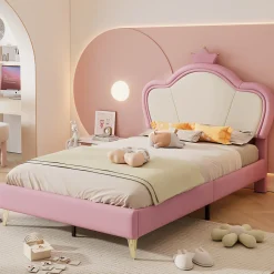 Lit enfant 90x200 cm - Lit Princesse Capitonné avec Tête Couronne, PU Rembourré, Sans Matelas - Rose et Blanc>Okwish Clearance