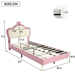 Lit enfant 90x200 cm - Lit Princesse Capitonné avec Tête Couronne, PU Rembourré, Sans Matelas - Rose et Blanc><noscript><img width=