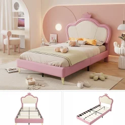 Lit enfant 90x200 cm - Lit Princesse Capitonné avec Tête Couronne, PU Rembourré, Sans Matelas - Rose et Blanc><noscript><img width=