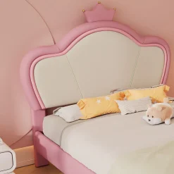 Lit enfant 90x200 cm - Lit Princesse Capitonné avec Tête Couronne, PU Rembourré, Sans Matelas - Rose et Blanc><noscript><img width=