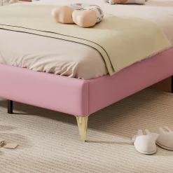 Lit enfant 90x200 cm - Lit Princesse Capitonné avec Tête Couronne, PU Rembourré, Sans Matelas - Rose et Blanc><noscript><img width=