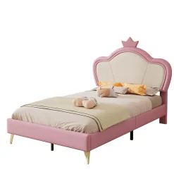 Lit enfant 90x200 cm - Lit Princesse Capitonné avec Tête Couronne, PU Rembourré, Sans Matelas - Rose et Blanc><noscript><img width=