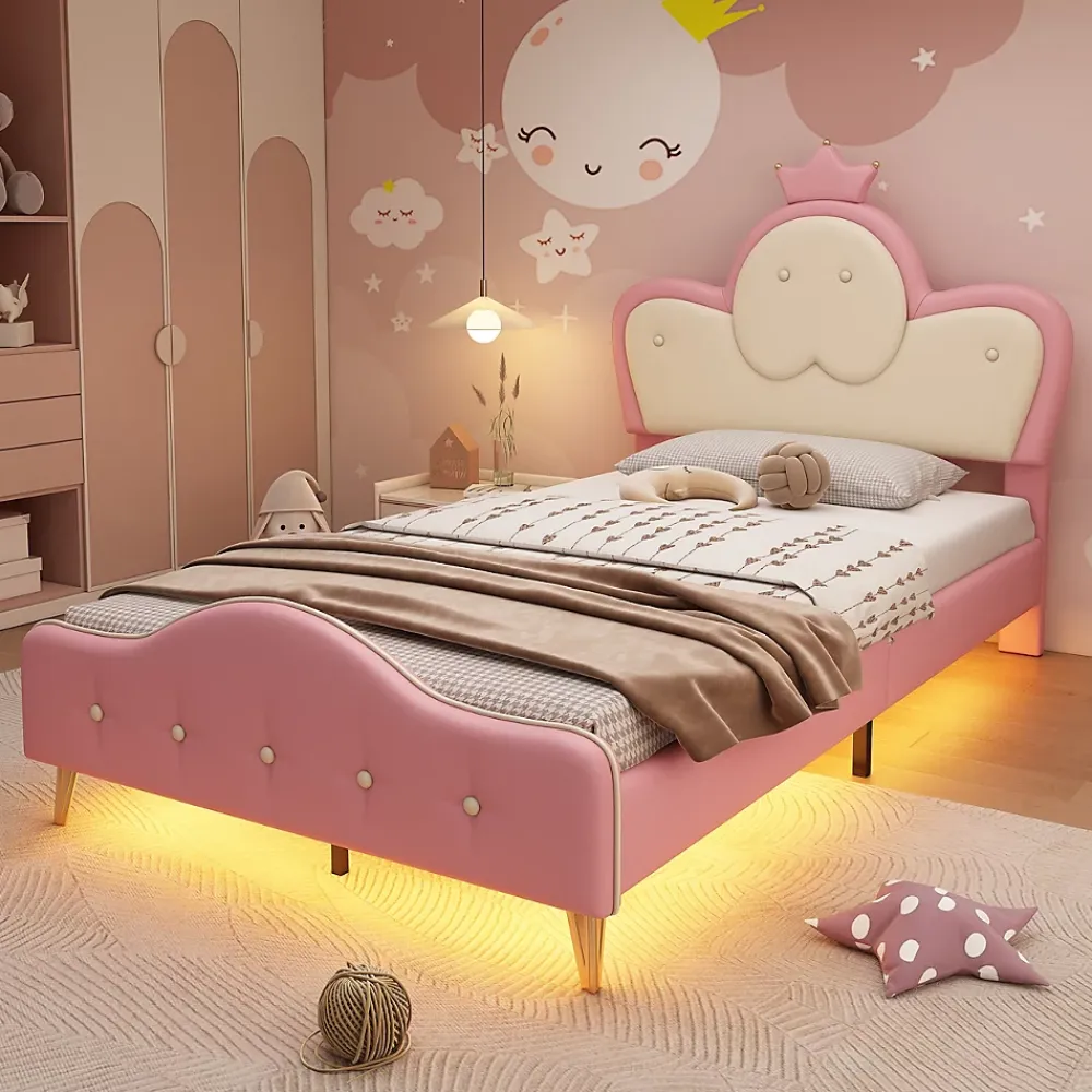 Okwish Lit enfant 90x200 cm - Lit Princesse Simple avec Bande LED Intégrée, Capitonné et Rembourré en PU, Rose et Blanc, Sans Matelas*Enfant Lit Enfant