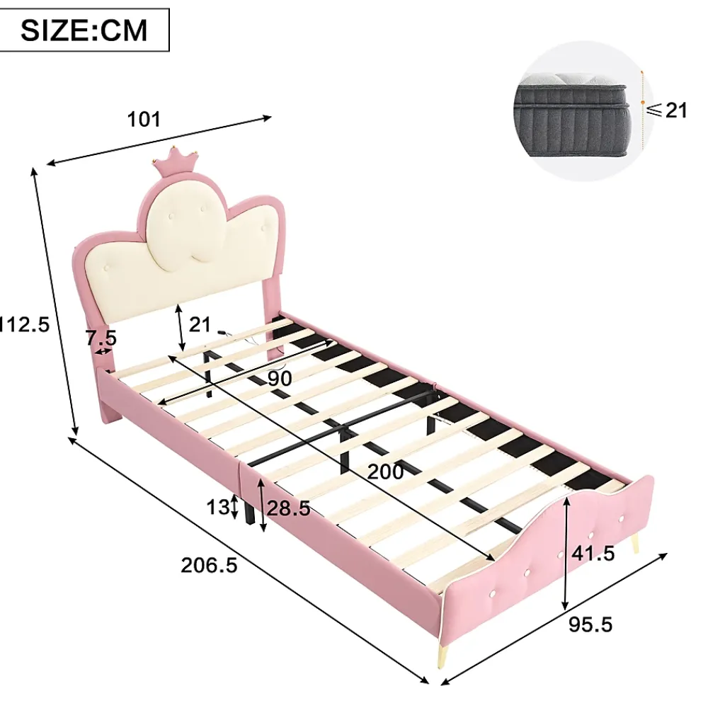 Okwish Lit enfant 90x200 cm - Lit Princesse Simple avec Bande LED Intégrée, Capitonné et Rembourré en PU, Rose et Blanc, Sans Matelas*Enfant Lit Enfant