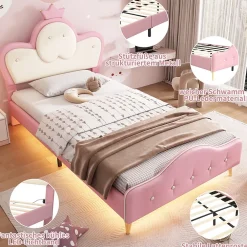 Okwish Lit enfant 90x200 cm - Lit Princesse Simple avec Bande LED Intégrée, Capitonné et Rembourré en PU, Rose et Blanc, Sans Matelas*Enfant Lit Enfant