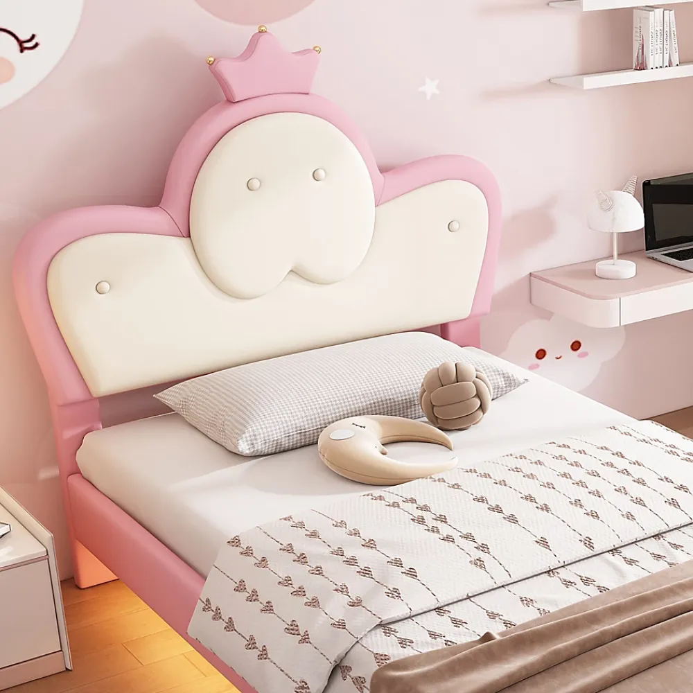 Okwish Lit enfant 90x200 cm - Lit Princesse Simple avec Bande LED Intégrée, Capitonné et Rembourré en PU, Rose et Blanc, Sans Matelas*Enfant Lit Enfant