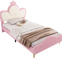 Okwish Lit enfant 90x200 cm - Lit Princesse Simple avec Bande LED Intégrée, Capitonné et Rembourré en PU, Rose et Blanc, Sans Matelas*Enfant Lit Enfant