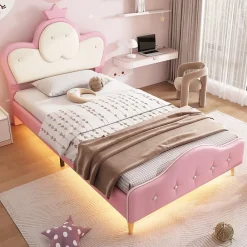 Okwish Lit enfant 90x200 cm - Lit Princesse Simple avec Bande LED Intégrée, Capitonné et Rembourré en PU, Rose et Blanc, Sans Matelas*Enfant Lit Enfant